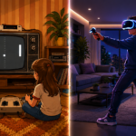 Evolução dos videogames — à esquerda, duas crianças jogando Pong em console retrô na TV de tubo dos anos 1970; à direita, jovem imerso em jogo com óculos de realidade virtual na atualidade