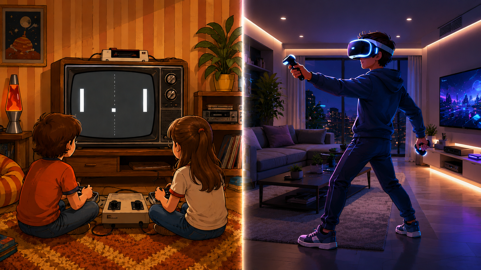 Evolução dos videogames — à esquerda, duas crianças jogando Pong em console retrô na TV de tubo dos anos 1970; à direita, jovem imerso em jogo com óculos de realidade virtual na atualidade