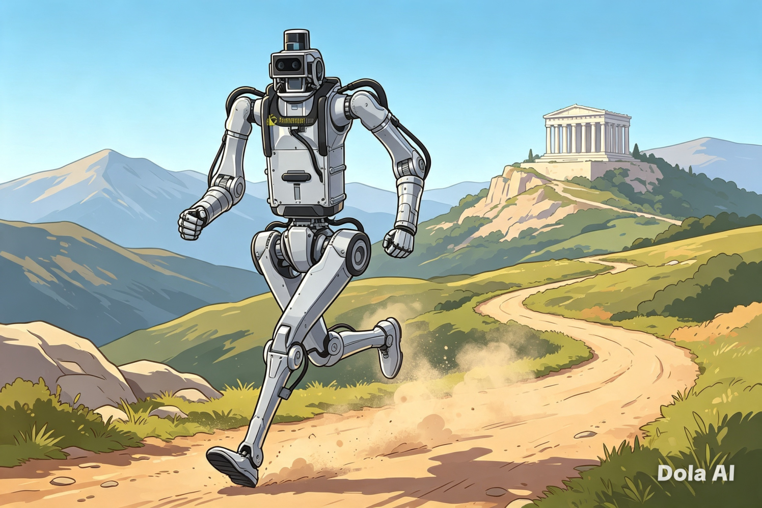 Ilustração estilo cartoon de robô humanoide prata correndo em caminho de terra, levantando poeira. Ao fundo, montanhas e Templo de Atenas ao longe. Imagem ilustrativa.