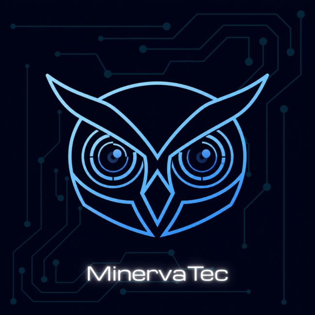 Coruja estilizada representando a marca MinervaTec, blog de tecnologia