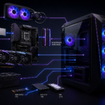 Imagem mostrando os componentes internos de um PC gamer: processador, placa-mãe, memória RAM, placa de vídeo, fonte e armazenamento
