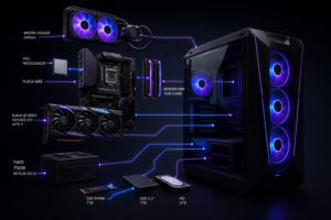 Imagem mostrando os componentes internos de um PC gamer: processador, placa-mãe, memória RAM, placa de vídeo, fonte e armazenamento