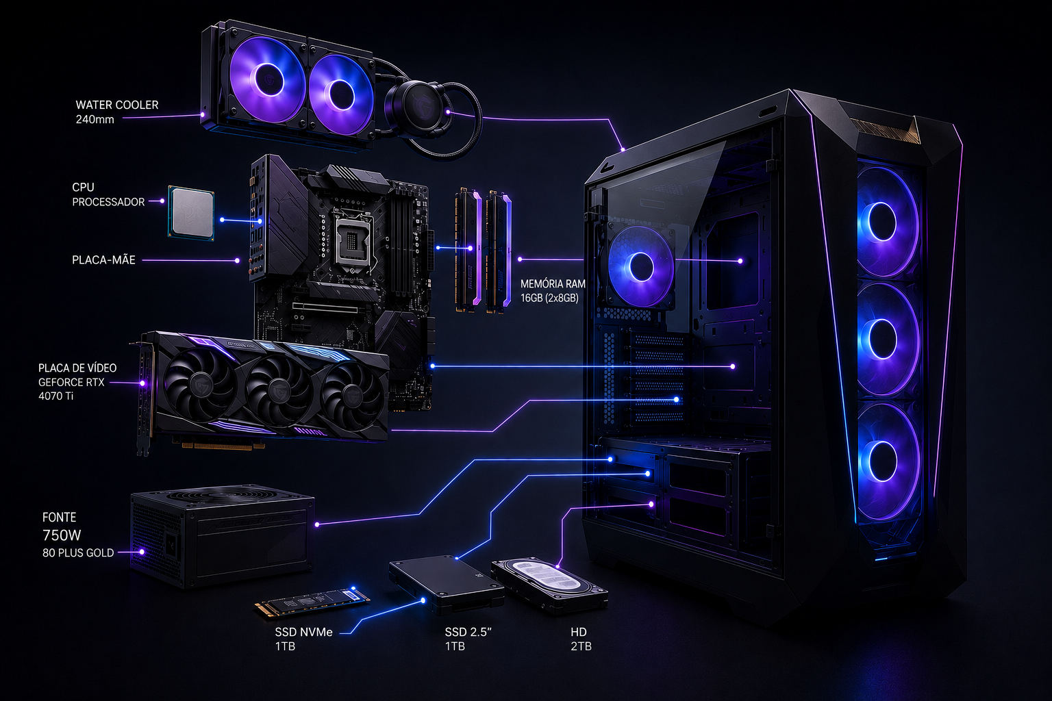 Imagem mostrando os componentes internos de um PC gamer: processador, placa-mãe, memória RAM, placa de vídeo, fonte e armazenamento
