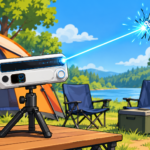 Aparelho laser anti-mosquito instalado em acampamento atingindo um mosquito com raio azul