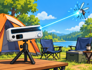 Aparelho laser anti-mosquito instalado em acampamento atingindo um mosquito com raio azul