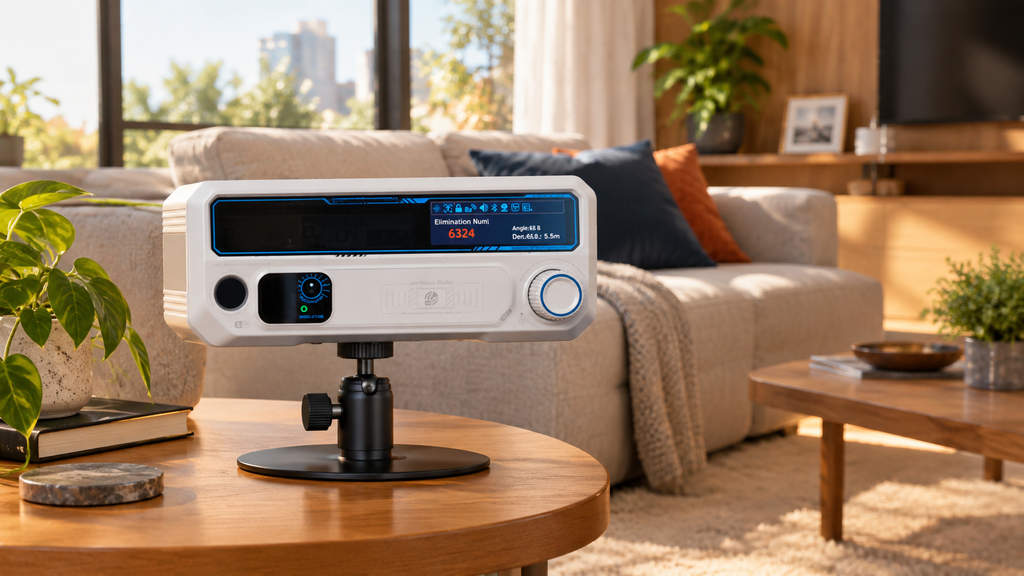 Dispositivo laser anti-mosquito sobre tripé em uma sala de estar, com display digital mostrando 
número de eliminações, distância e ângulo de detecção