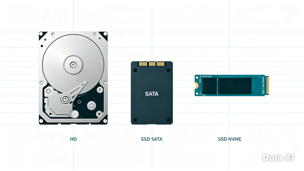 Comparativo mostrando lado a la do um HD mecânico, SSD Sata e um SSD NVME