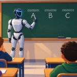 Robô professor ensina código binário no quadro-negro para crianças em sala de aula