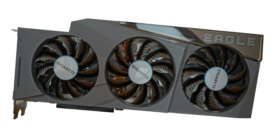 Placa de vídeo Gigabyte GeForce RTX 3090 Eagle OC 24GB, com três ventoinhas, sobre fundo transparente