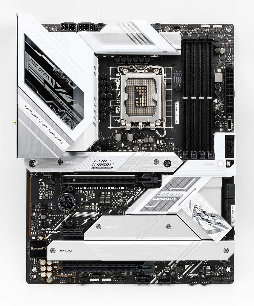 Placa-mãe Asus ROG Strix Z690-A Gaming WiFi, vista de cima, mostrando o soquete do processador, slots de memória RAM e dissipadores em branco e preto