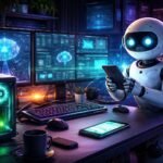 Robô assistente de inteligência artificial trabalhando em um computador em um ambiente tecnológico moderno, representando os agentes autônomos de IA.