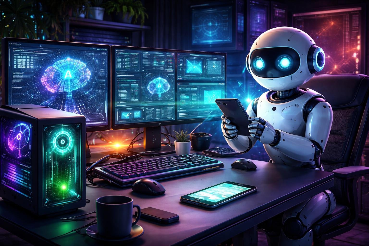 Robô assistente de inteligência artificial trabalhando em um computador em um ambiente tecnológico moderno, representando os agentes autônomos de IA.