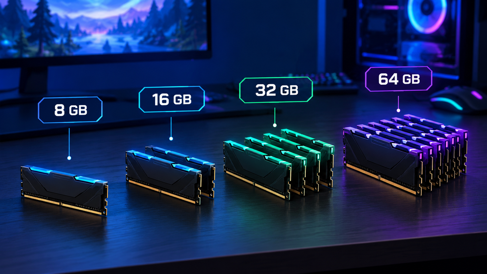 Módulos de memória RAM de 8 GB, 16 GB, 32 GB e 64 GB para PC gamer